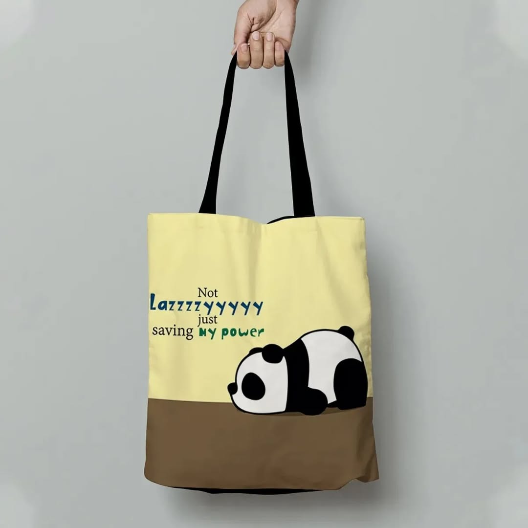 Cute panda tote bag – eco-friendly canvas shopping bag with lazy panda design and quote ‘Not lazzzyyy just saving my power,’ ideal for daily use and panda lovers.
