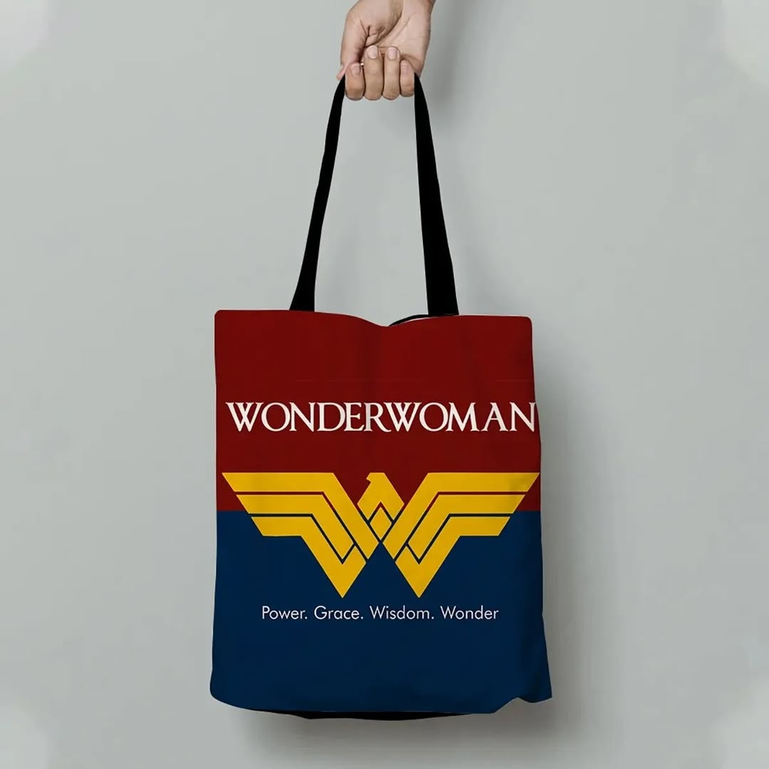Wonder Woman tote bag – stylish canvas shopping bag featuring Wonder Woman logo in red, yellow, and blue design, perfect for everyday use and superhero fans.